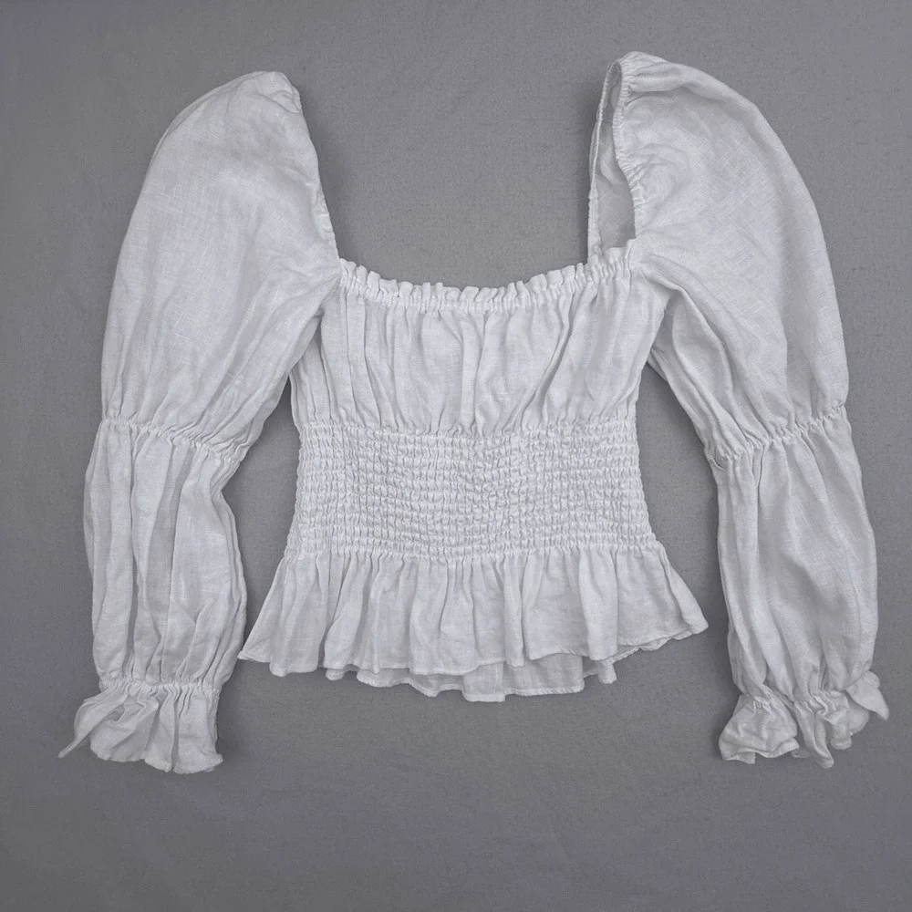 Reformation Oak Grove Linen Smocked Top Women Small White Peasant Puff Sleeve